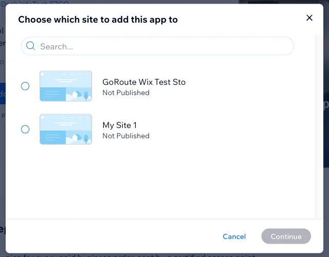The Wix dialog headed Choose which site to add this app to, listing the merchant&rsquo;s sites with a Continue button