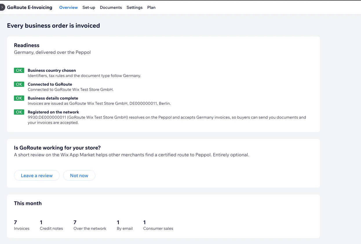 The app&rsquo;s Overview screen after set-up for a German store, headed Every business order is invoiced, with all four readiness checks marked OK and a count of the month&rsquo;s invoices, credit notes, network deliveries, email deliveries and consumer sales