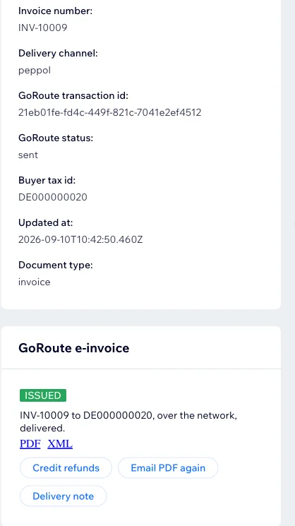 The GoRoute panel on a Wix order showing invoice INV-10009 sent over the Peppol network to a German buyer, marked ISSUED, with PDF and XML links and buttons for credit refunds, emailing the PDF again and raising a delivery note